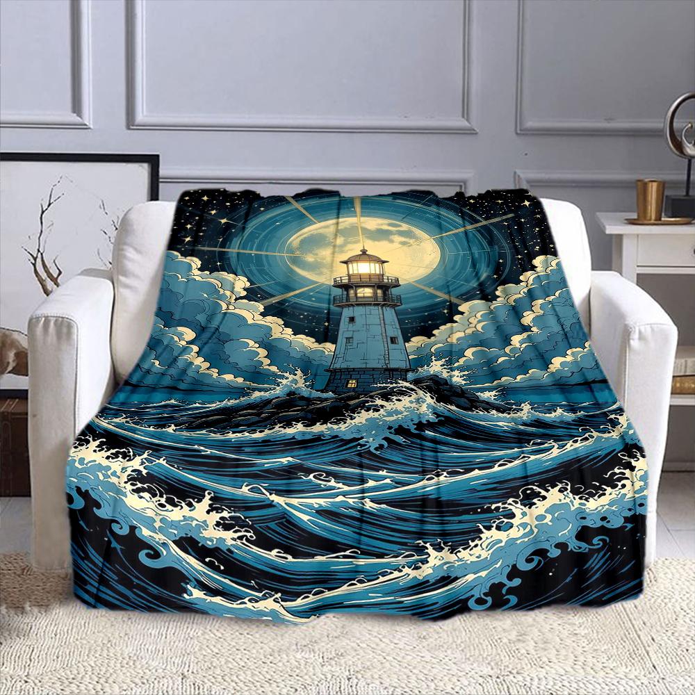 "Moonlit Lighthouse and Ocean Waves" Patterned flannel blanket perfect for the bedroom living room, sofa, or a little nap