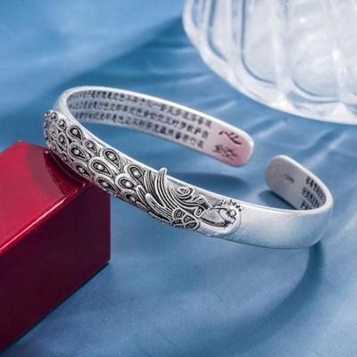 Silbernes Armband Buddhistische Schrift Herz-Sutra Pfau Vintage-Armband
