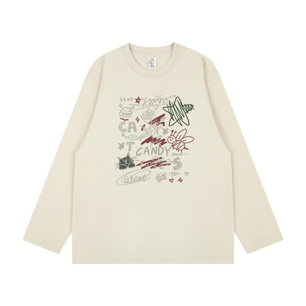 Funky Trend Cartoon Print Couple Long-Sleeve T-Shirt - Versatile, Loose Fit, Pure Cotton for Autumn/Winter