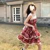 Small Senior Sense White Red Puffy Short Skirt Summer New Lace Edge Temperament Suspender Dress