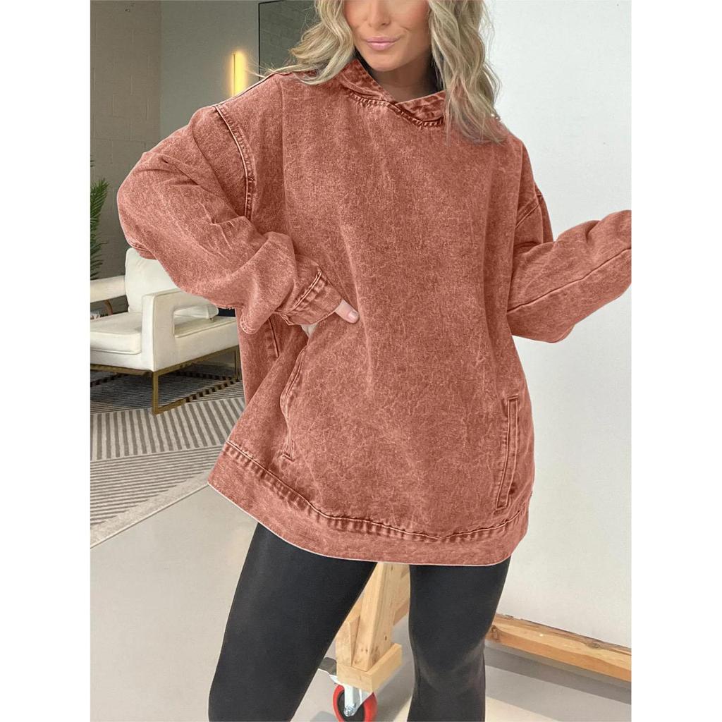 Denim Hoodie Women Sweatshirt Pullover Hooded Y2k Tops Distressed Washed Loose Spring Streetwear