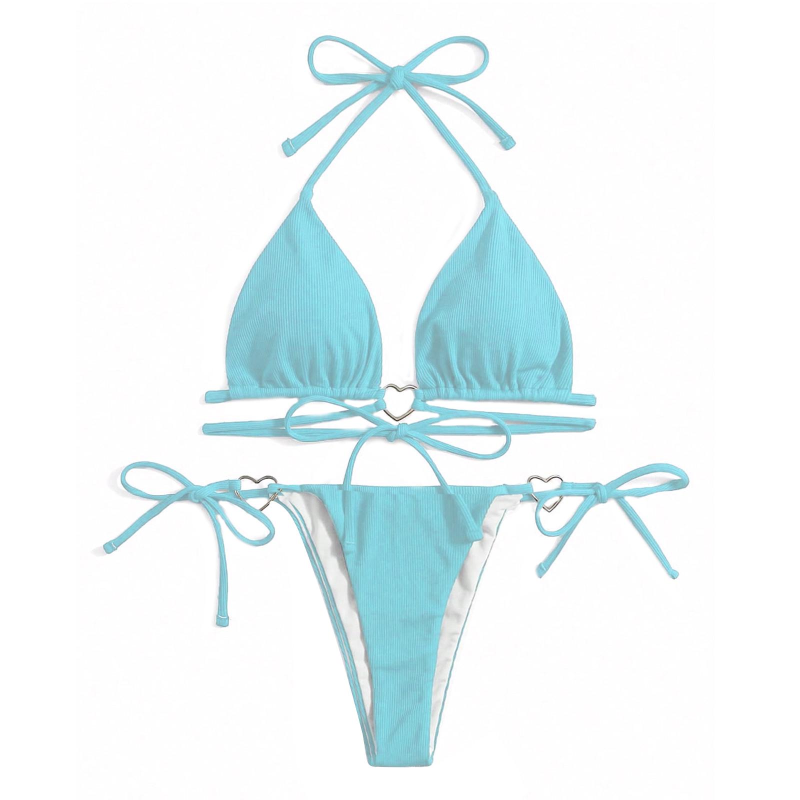 

Женский купальник халтер с кольцом в форме сердца и стрингами, однотонный, с завязками по бокам, пляжная одежда S светло-синий