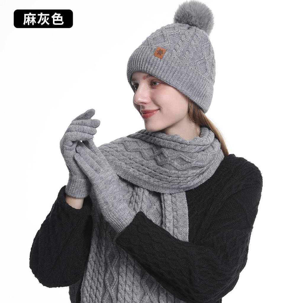 Knitted hat, scarf, gloves, three-piece set, women's winter velvet, warm outdoor riding, ear protection, wool, knitted hat