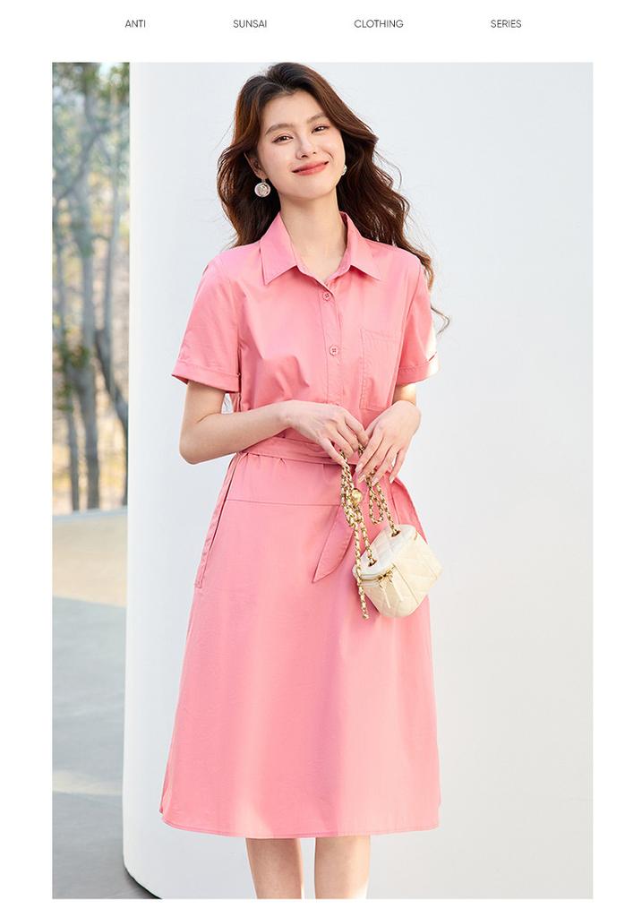 26 year new summer casual high-end shirt skirt, mid length skirt, waist cinching elegant short sleeved skirt, A-line skirt, dress, skirt