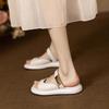 2025 New Women's Minimalist White Slide Sandals - Gold-Tone Buckle Flat Slippers with Cloud Comfort Sole
