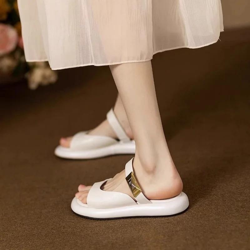 2025 New Women's Minimalist White Slide Sandals - Gold-Tone Buckle Flat Slippers with Cloud Comfort Sole