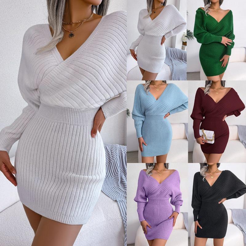 Solid Color Sexy Cross V Neck Batwing Long Sleeve High Waist Bodycon Pencil Mini Dress For Women