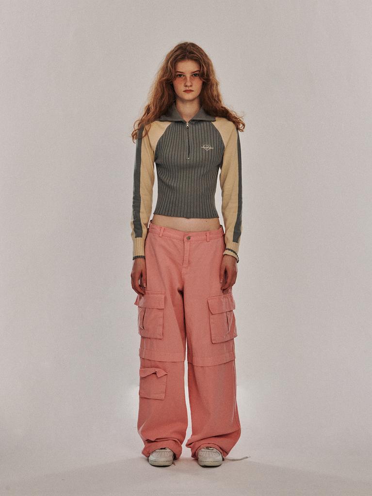 SOME PLACE Two-Color High-Neck Half-Zip Line Knit T-Shirt [Gray]