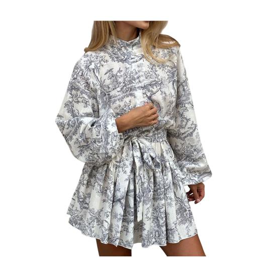Women's Fall Floral Mini Dress Long Sleeve Button Down A-line Swing Dress Stand Collar Short Dress with Belt
