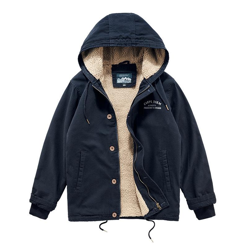 Winter Baumwollmantel mit Kapuze aus Lammfell für Herren, Verdicktes Samt, Lockere Baumwolljacke, Lässiger Jugendlicher Baumwollmantel, Herren Trendy