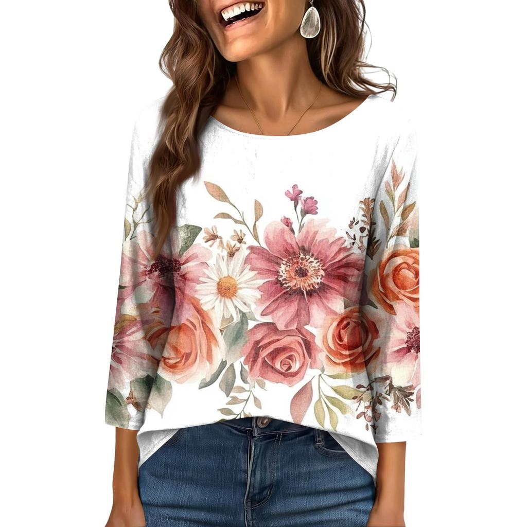 Women's Fashionable Casual Round Neck  3/4 Sleeve  Printed T-Shirt Top