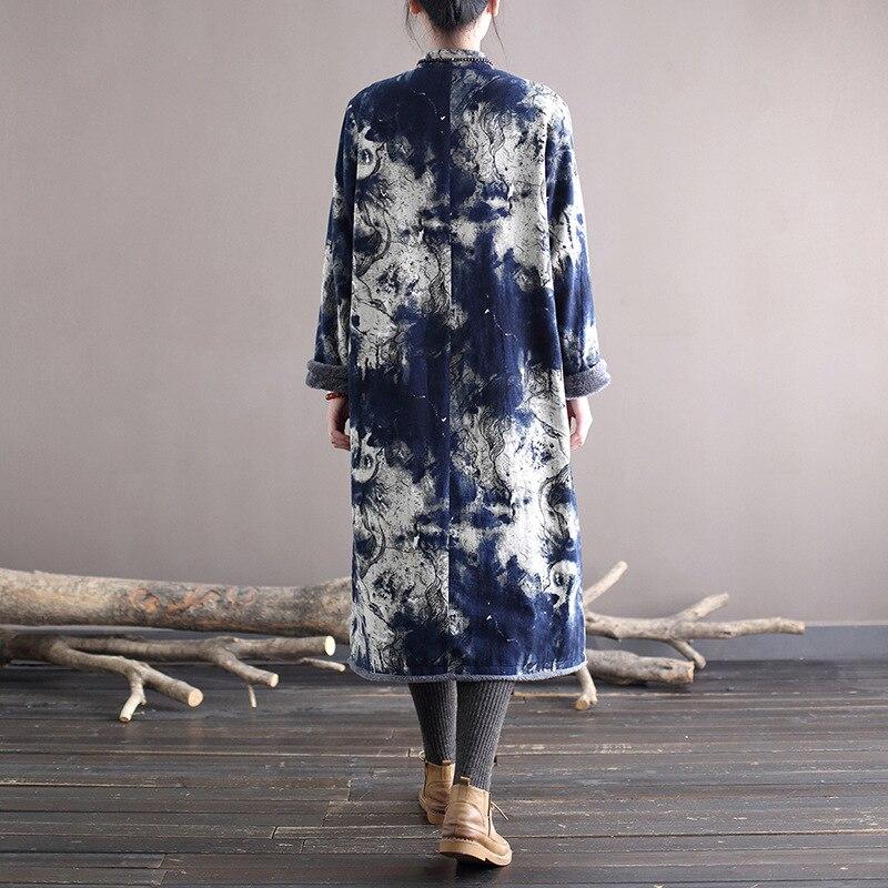 Johnature Frauen Vintage Plus Samt Kleid Stehen Lose Drucken Floral Langarm Kleider Herbst Winter Patchwork Kleidung