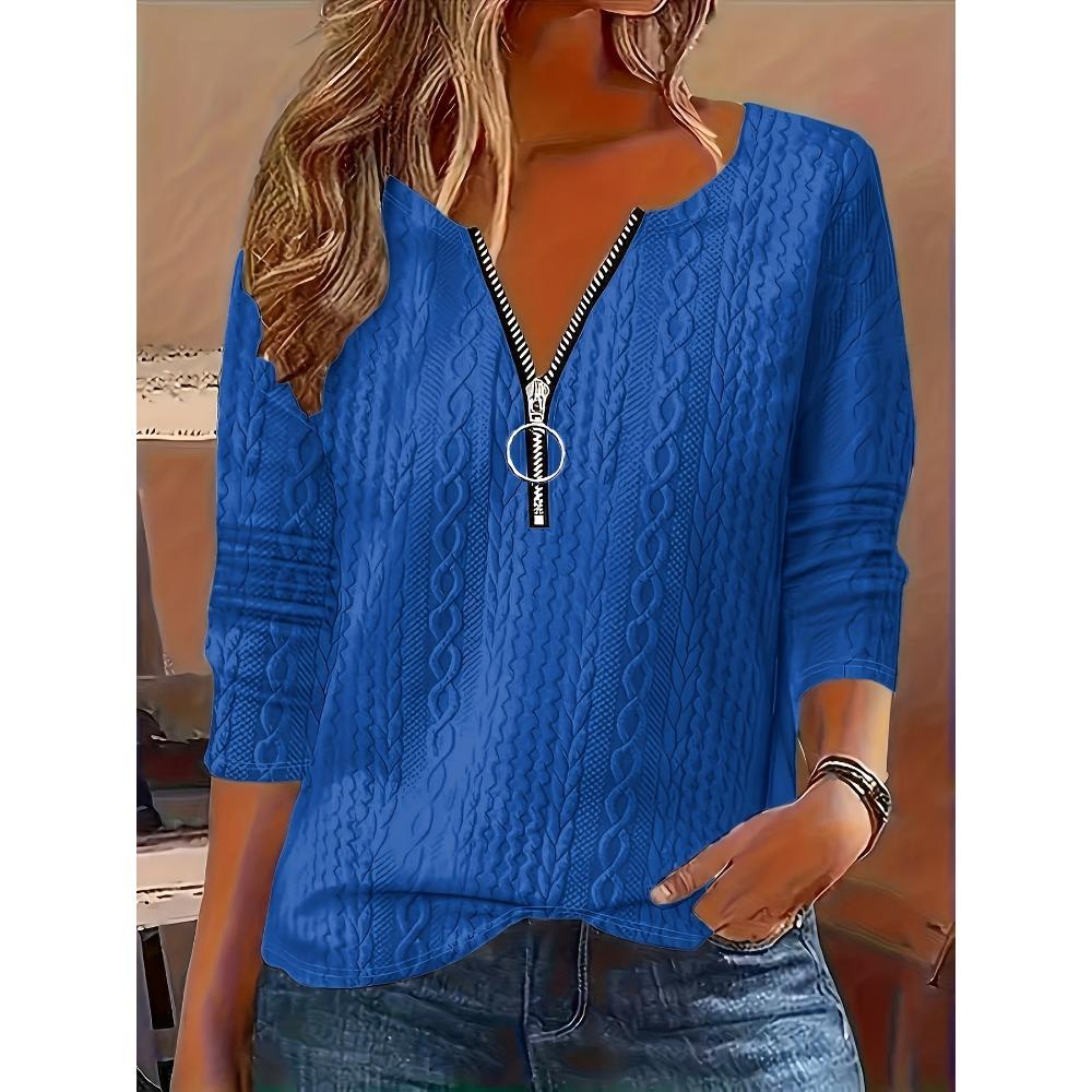 Autumn and Winter New Solid Color V-neck Zipper Long Sleeve Casual Comfortable Fashion Large Size Women's Top