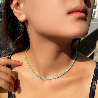 Vintage Turquoise Clavicle Chain Brass Gold Plated Single Row 3Mm Hip Hop Tennis Chain Necklace Necklace