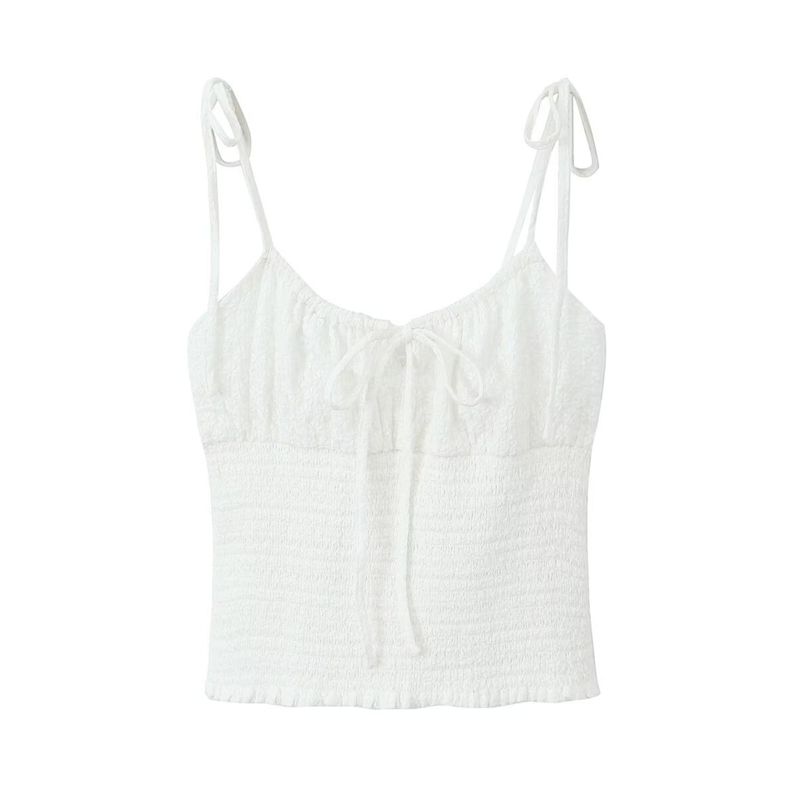 Kaslead New Arrival Women's Clothing Fashion Style Fashion Casual Minimalist French Embroidery Waist Trimming Spaghetti Straps Short Tops