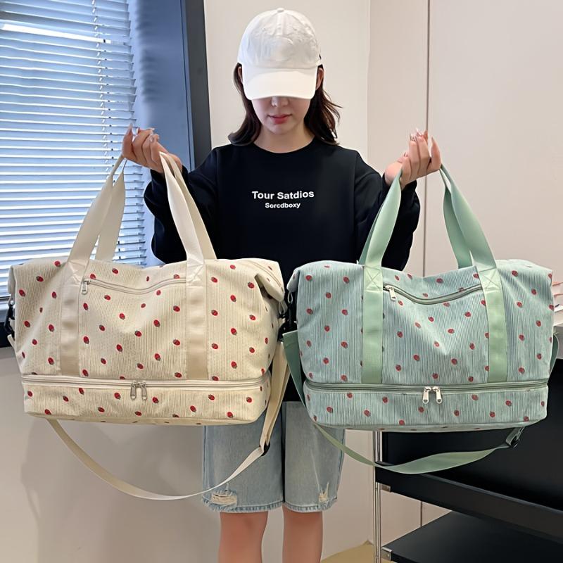 Large Capacity Travel Duffel Bag with Strawberry Pattern - Gym, Weekend, Vacation Bag - Independent Shoe Compartment & Multiple Pockets