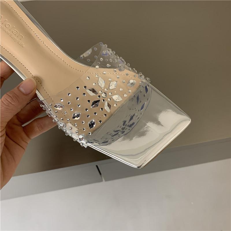 

Transparent crystal thick heel cool slippers women s fashion rhinestone sandals 39 серебряный