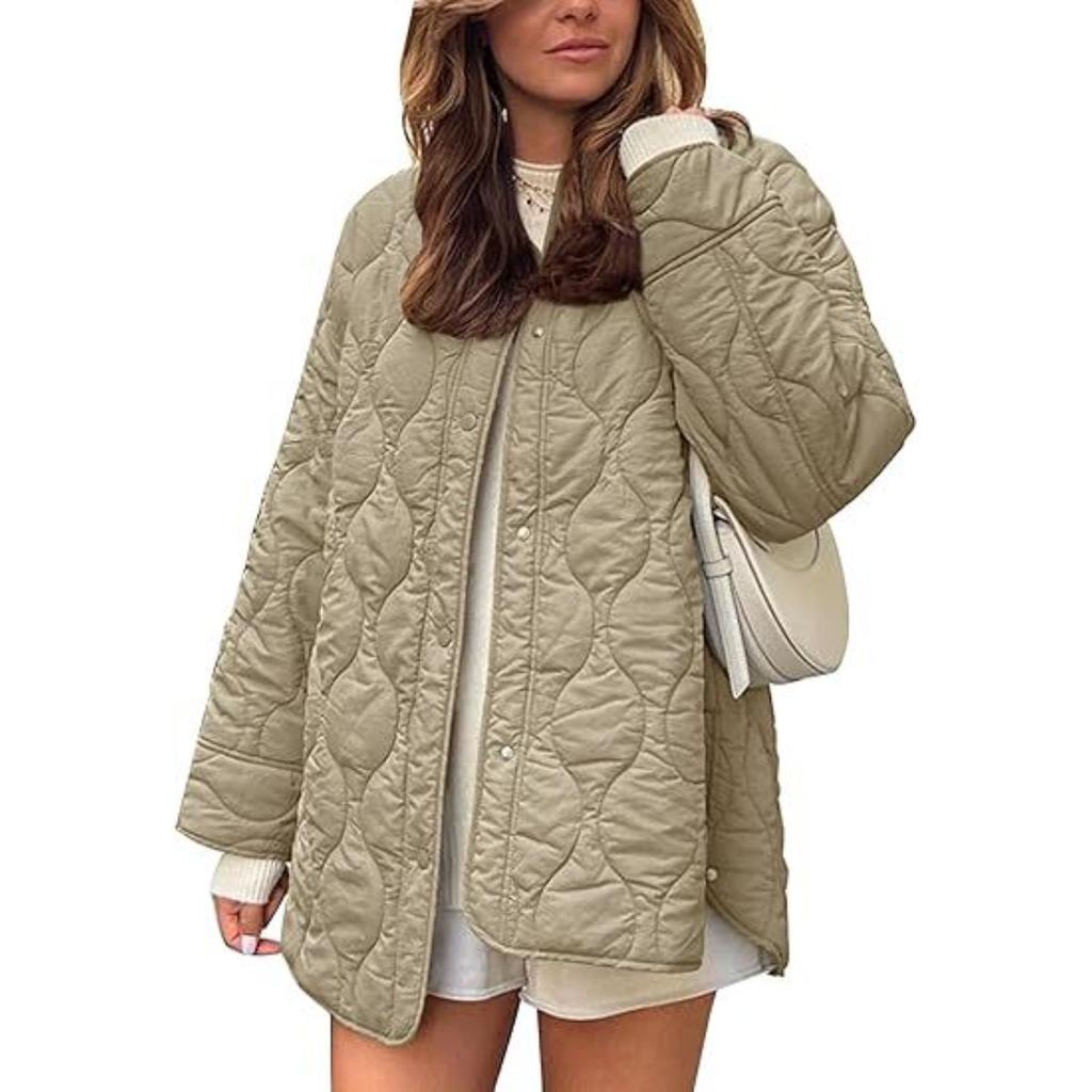 2025 Autumn Winter New European American Style Quilted Simple Solid Color Round Neck Loose Cotton Coat Outerwear