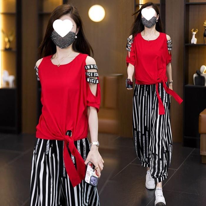 Casual Sportswear Set for Women - Fashionable Summer Design with Exposed Shoulders and Irregular Top - Two-piece Set