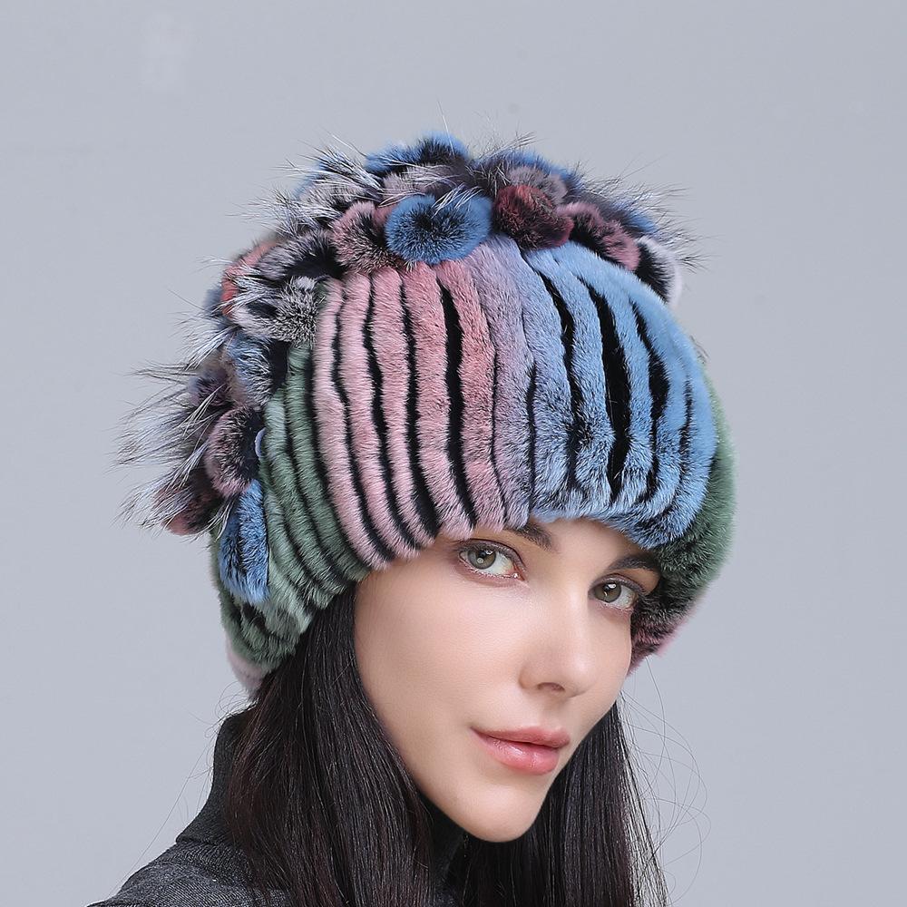 Winter Women's Warm Fashion Thick Wool Hat Rex Rabbit Fur Hat Knitted with Side Flower Hat