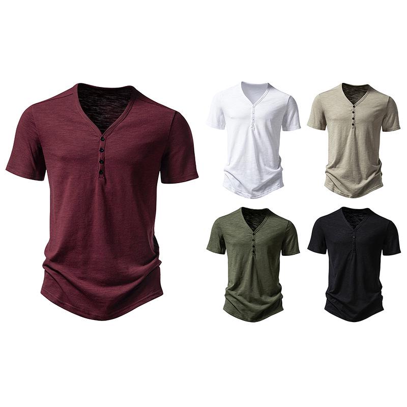 Men's Bamboo Cotton Buttoned V-Neck Short-Sleeve T-Shirt, European Size, Solid Color, Breathable, Simple Design