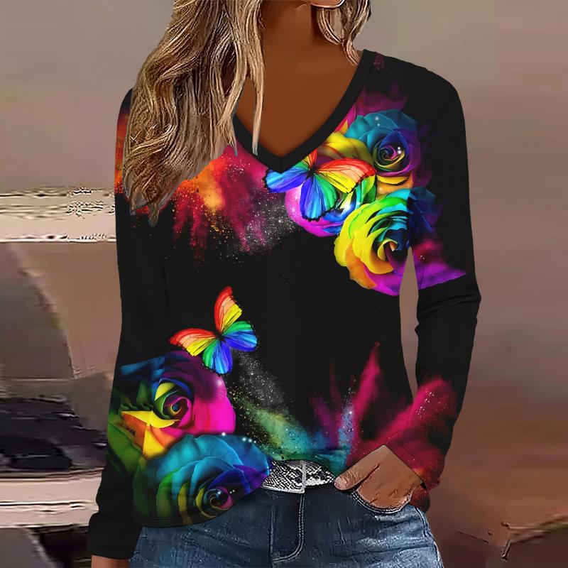 

Plus size European and American Fashion 2025 Women s Elegant V-neck Long Sleeve T-shirt 3XL