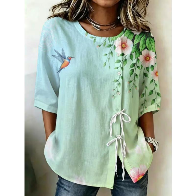Women's printed lace-up short-sleeved blouse, fashionable and versatile, comfortable and skin-friendly, machine washable.