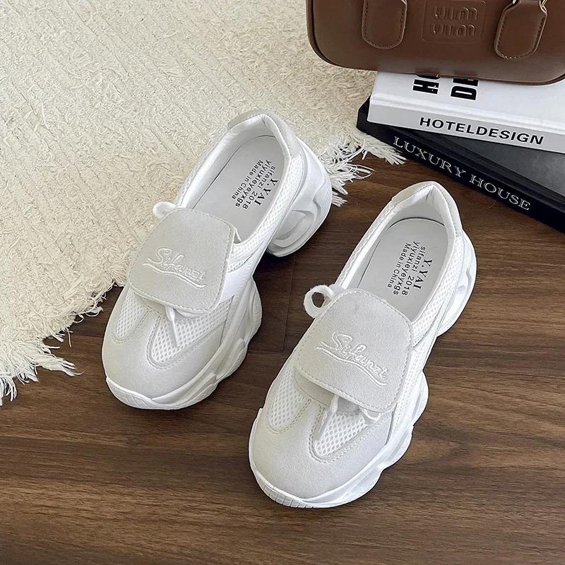 NEW Mid Heel Pumps Women's Mesh Shoes Comfy High Brand Genuine Leather Summer Lace Up Chunky Sneaker Casual Shoes