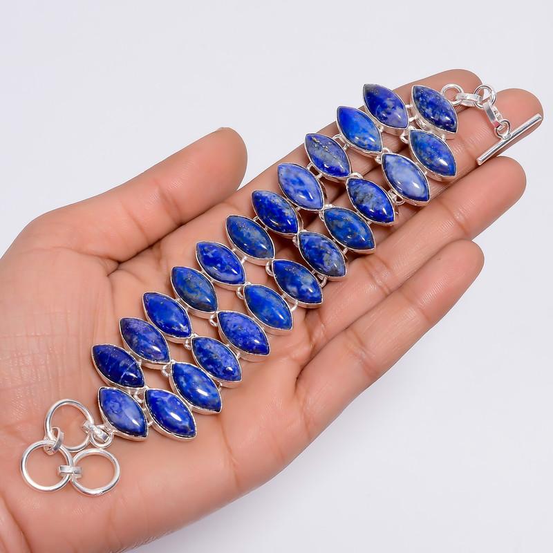 Lapis Lazuli Gemstone Silver Bracelet Handmade Bracelet Natural Lapis Lazuli Marquise Shape Ethnic Style WSJ-4637