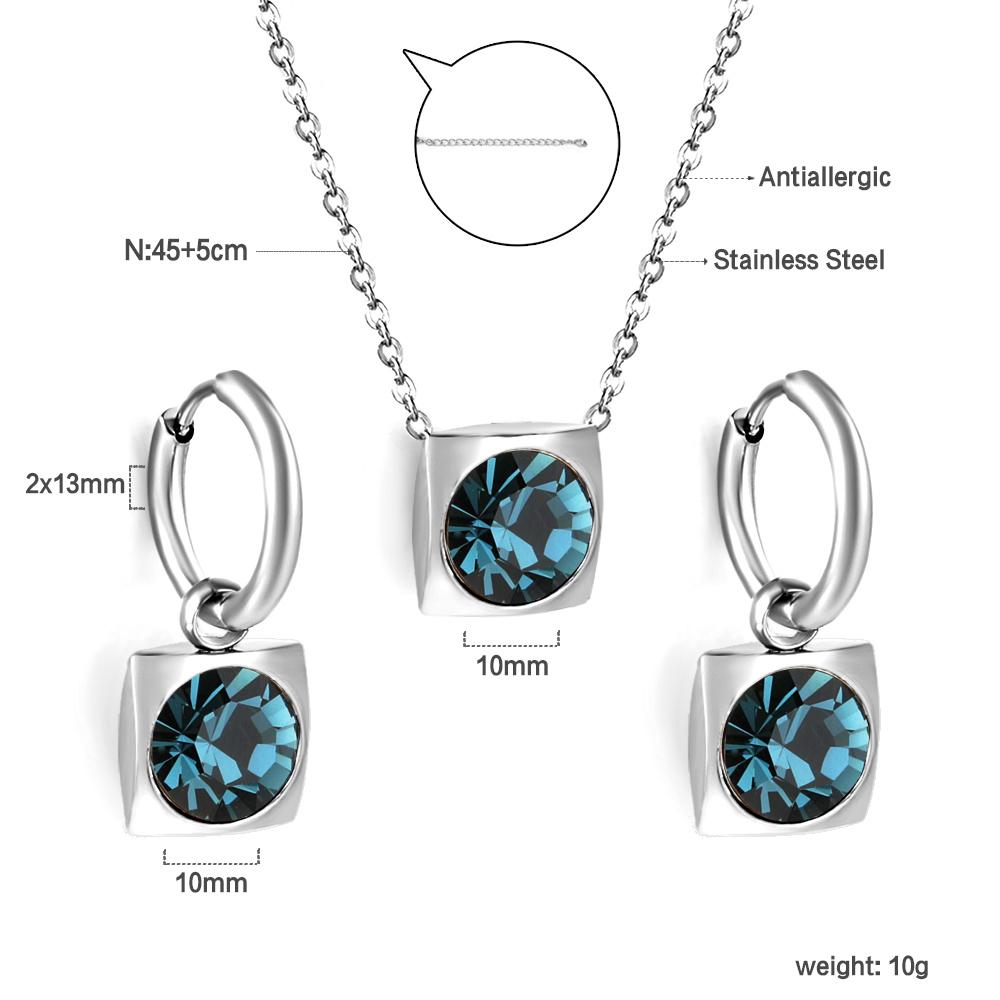Square Multiple Color Crystal Pendant Necklace Earrings Set Stainless Steel Zircon Set 2Pcs For Women Party Gifts Free Shipping