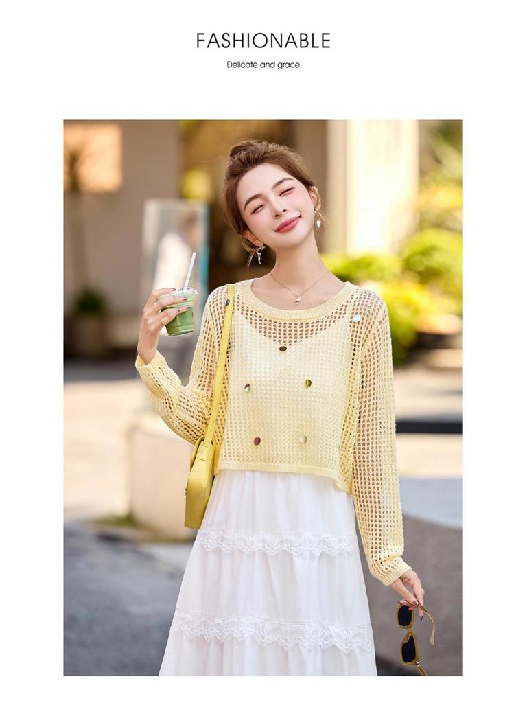 2025 Summer Women's White Sunscreen Spaghetti Strap Two-Piece Dress Set - Petite Slimming Fit (YF2563)