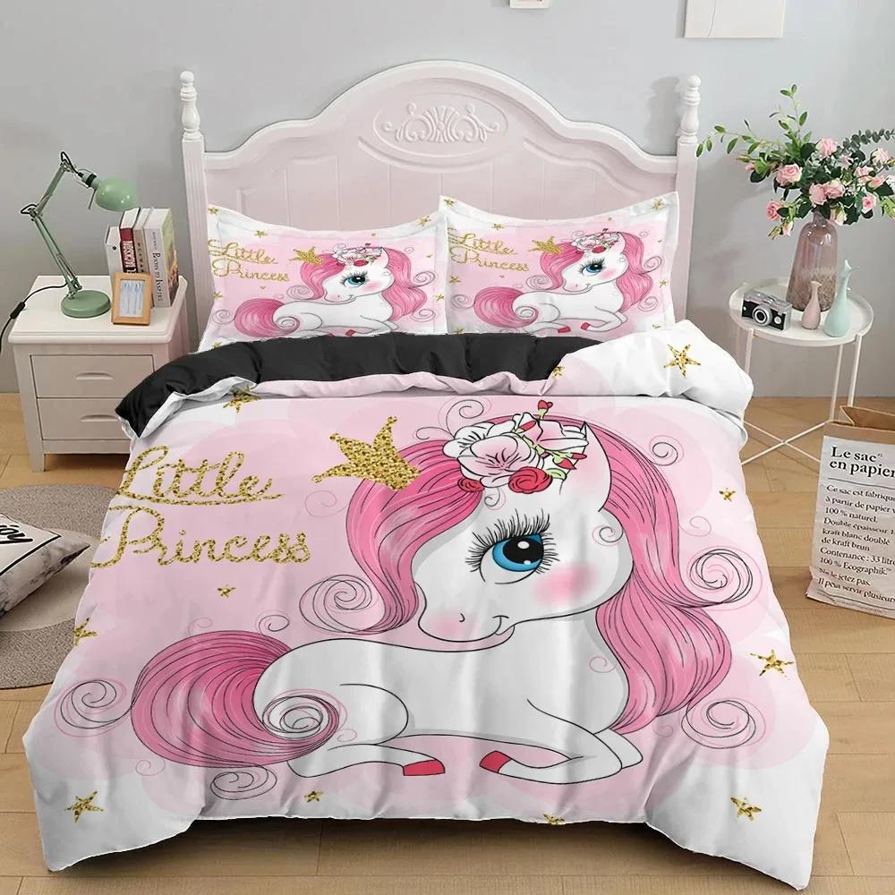 Cute Unicorn Duvet Cover Set Girly Pink Castle Bedding Set Single Twin Size For Princess Girl Dedicated Bedroom Decor Bedclothes