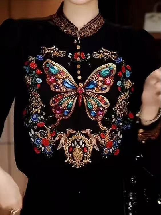 European and American Women's Loose-Fit Printed Long-Sleeve Cardigan - New Chinese National Style