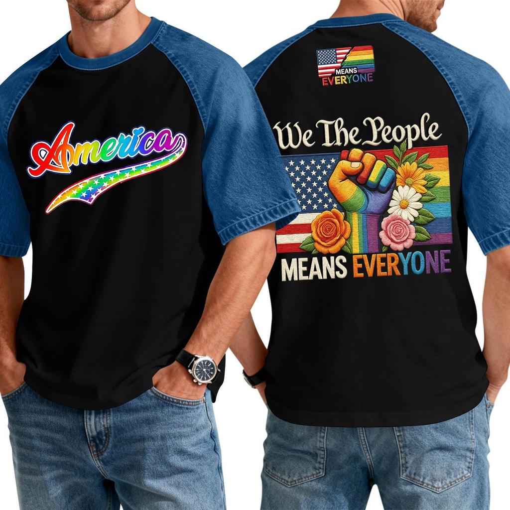 Men's Casual Short Sleeve T-Shirt Denim Patchwork Comfortable Fit Crew Neck Top with Printed Graphic Design Suitable for Everyday Wear