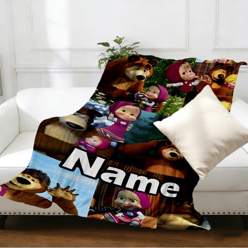 Custom Name Personalized Masha and The Bear Print Blankets, Home Decor, Bedroom, Sofa, Camping, Couch, Gifts for Birthday Christmas