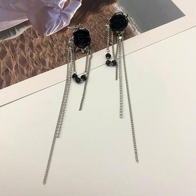 Modeschmuck Retro Schwarzer Strass Rose Lange Quastenohrringe für Damen