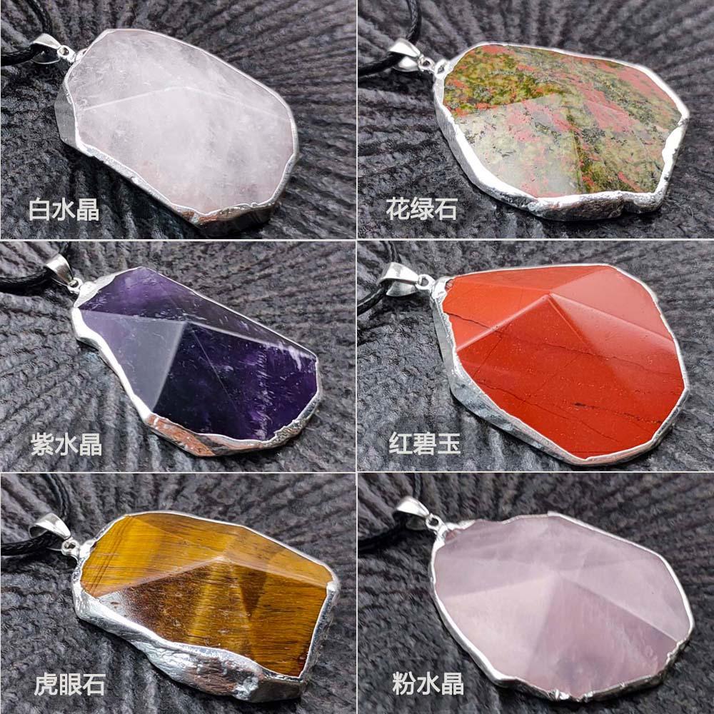 Natural Pink and White Amethyst Tigereye Cut Pyramid Silver Pendant Red Jasper Unakite Irregular Necklace