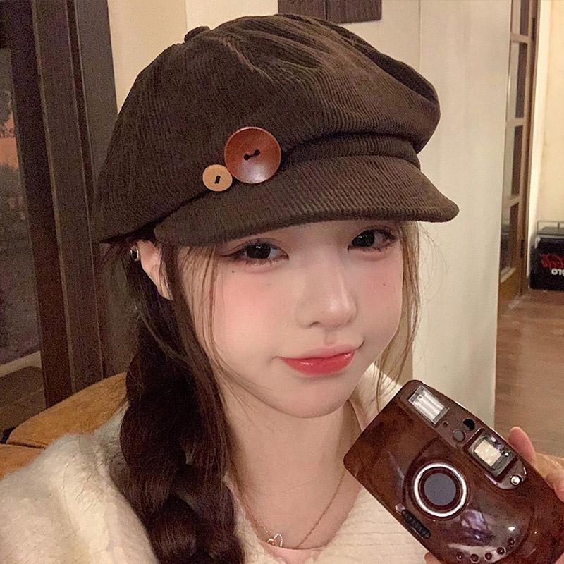 RICYGVM Retro Button Corduroy Octagonal Cap For Women Painter Artist Hat Japanese Girls Brown Peaked Caps Autumn Winter Berets