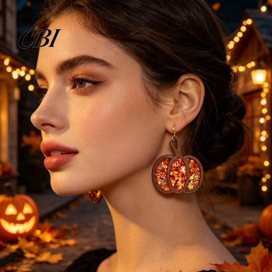 Hypoallergenic Earrings for Sensitive Ears 1 Pair Fall Thanksgiving Pumpkin Women, Wooden Festive Shaped Dangle Drop Earrings, Autumn Halloween