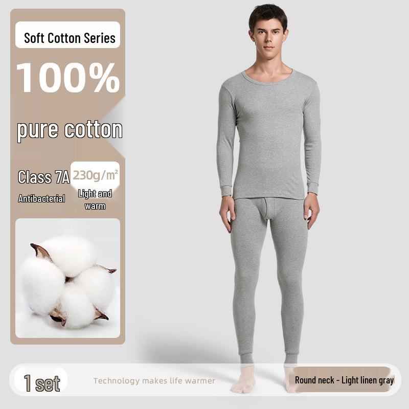 Men's 100% Cotton High-Neck Knit Thermal Set: Antibacterial Top & Bottoms, Plus Sizes