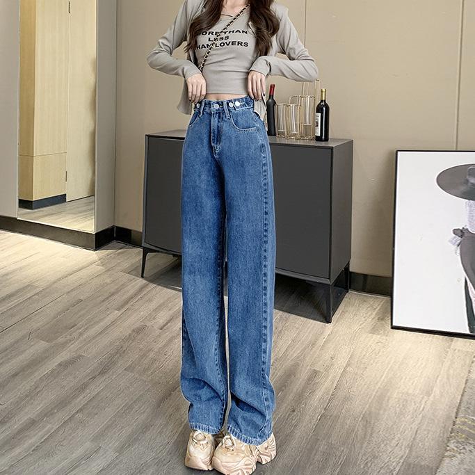 863 Retro Hong Kong Style Women's High Waist Wide Leg Jeans with Adjustable Waist - 2022