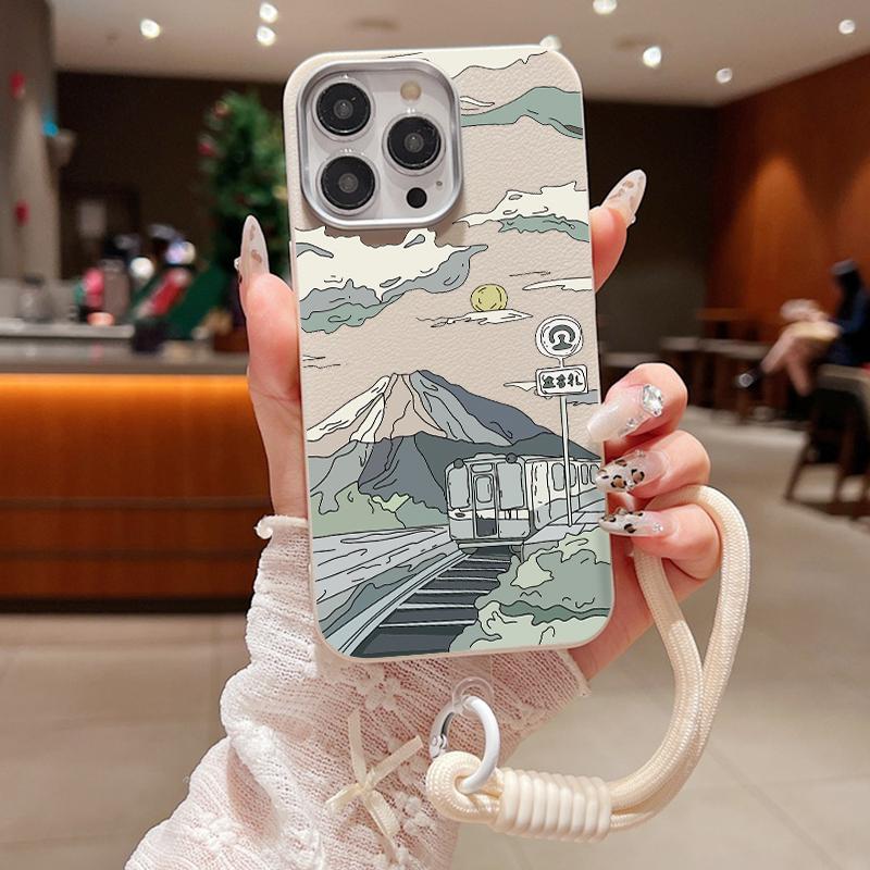 

Lanyard Case For iPhone 17 16 15 Pro Max 14 Plus 13 12 Pro Max 11 Landscape Pattern Leather Texture Soft TPU Rope Phone Cover For iPhone 15 Pro