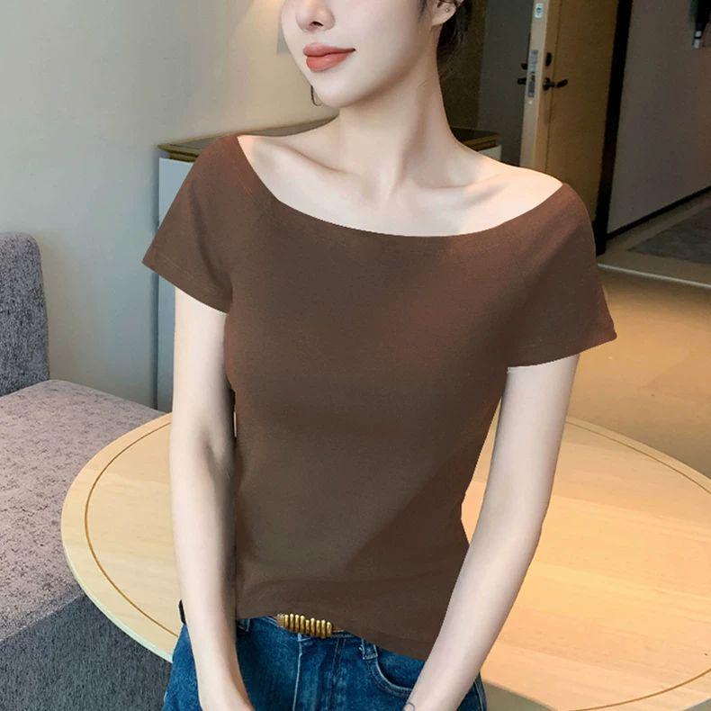 Pure Desire Women s Off-the-Shoulder Slim-Fit Short Sleeve Top – Trendy Backless Summer T-Shirt XL кофейный