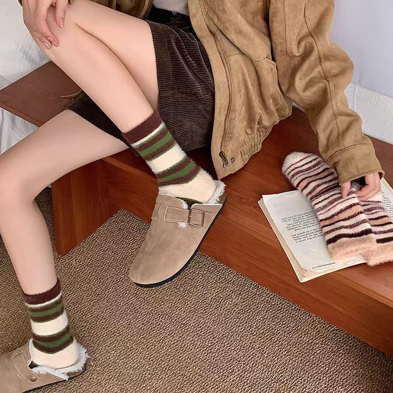 Women's Plush Mid-Calf Socks: Retro Striped, Velvet-Lined, Faux Mink Fur, Warm Autumn/Winter Style.