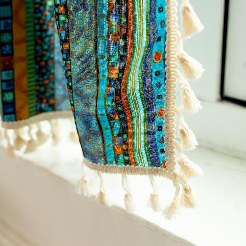 Bohemian Print Cotton Short Curtain Balcony Window Semi-Sheer Privacy Panel Rod Pocket Hook Grommet Options