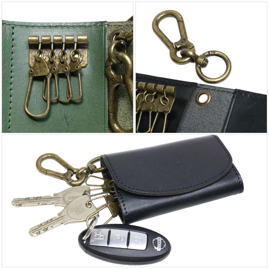 Bercute Black Tochigi Leather Key Key Genuine Leather with Coin Purse and Smart Key Key Popular Case, 4-Ring Ring, Carabiner, Compatible, Slim,