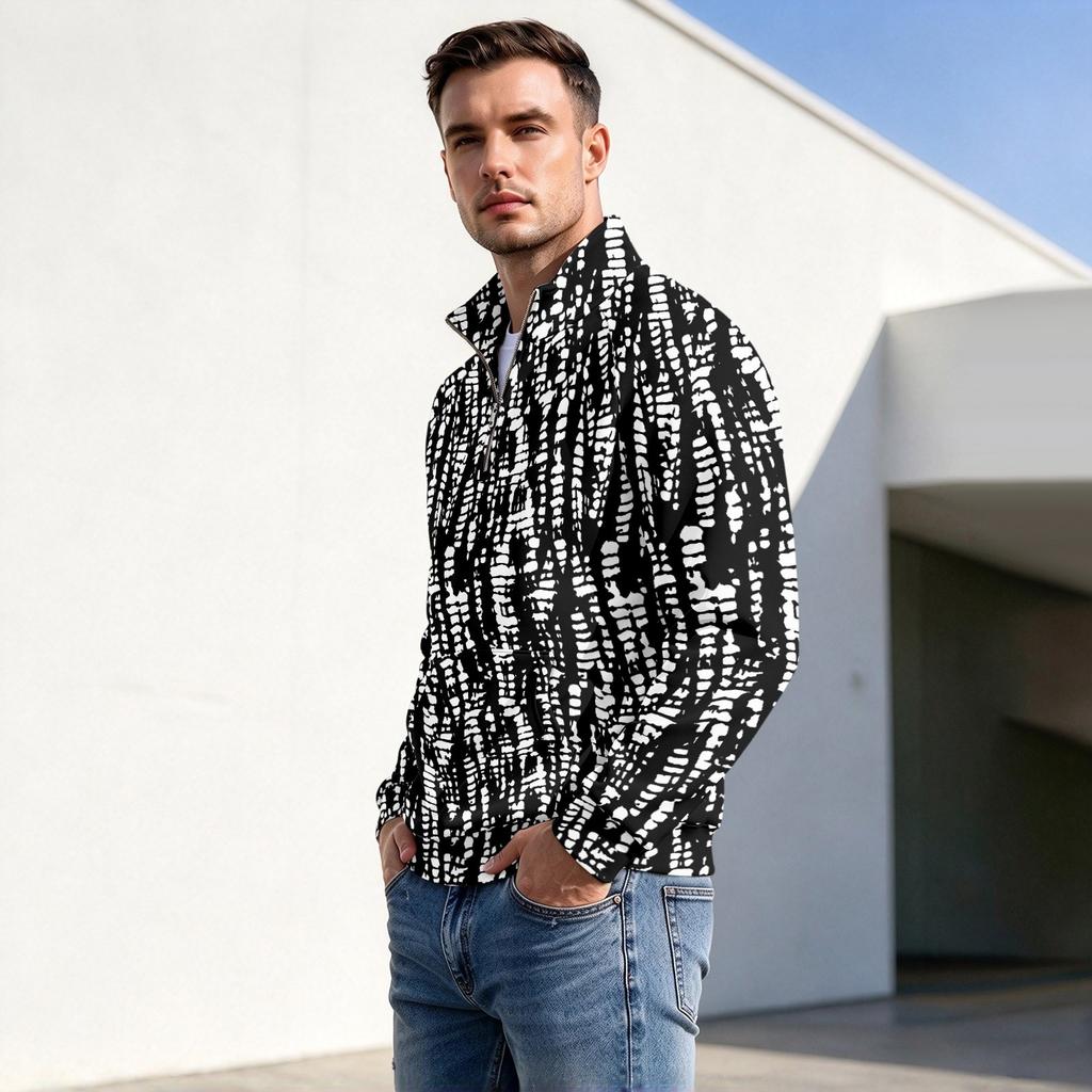 Men's Fall Winter Pattern Print Zip-Up Pullover Stand Collar Casual Wrinkle- Athletic Top