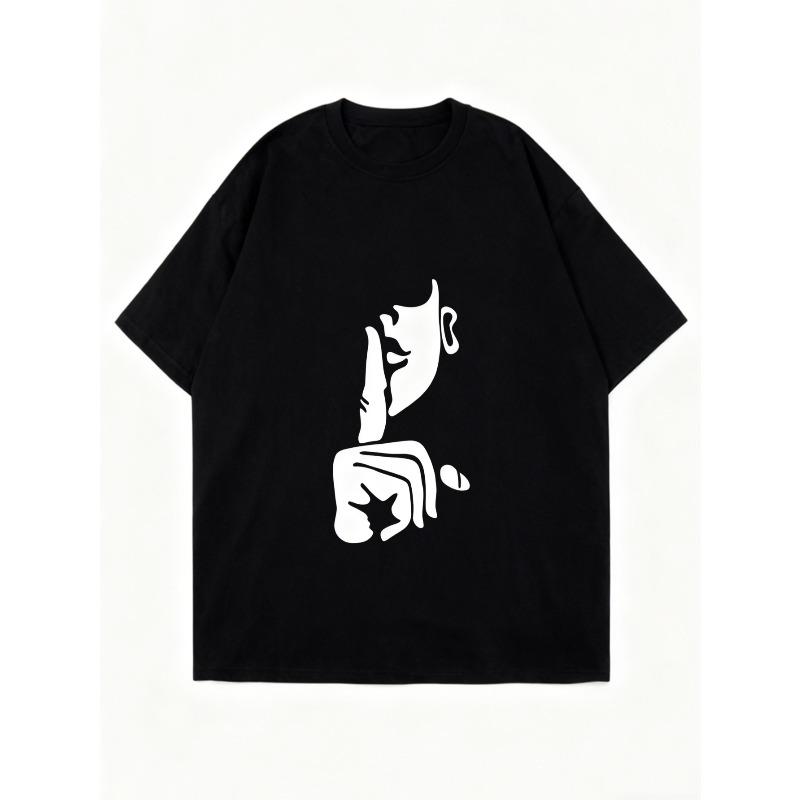 Loose Women's Short-Sleeve T-Shirt, Black/White Abstract Face & "Shh" Print
