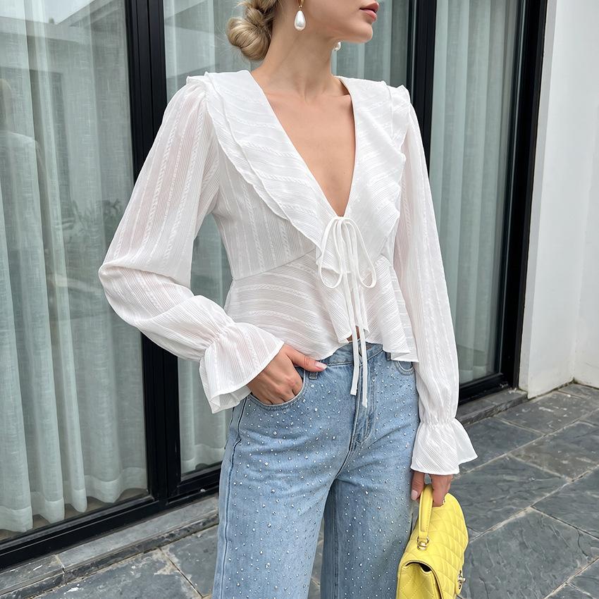 1116 Autumn White Cotton Jacquard Shirt Women's V-neck Retro Loose European and American Design Casual Long-sleeved Top