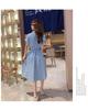 2026 Women's Summer Elegant Waist-Cinched Denim-Look Shirt Dress, Korean Style Mid-Length Skirt